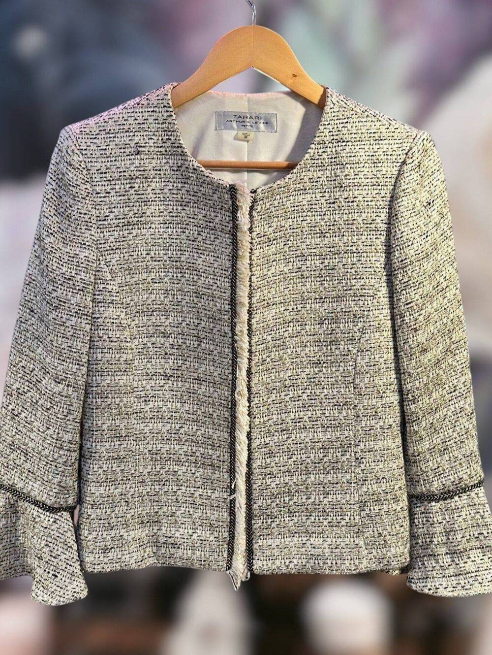 Tahari ASL 8P Jacket Tweed Collarless Bell Sleeve Fringe Trim Classic Ivory